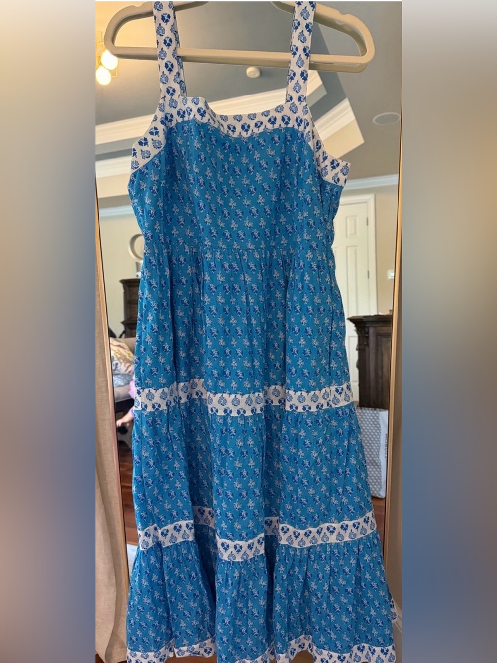 J. Crew Blue and White Block Print Floral Cotton Dress SZ L